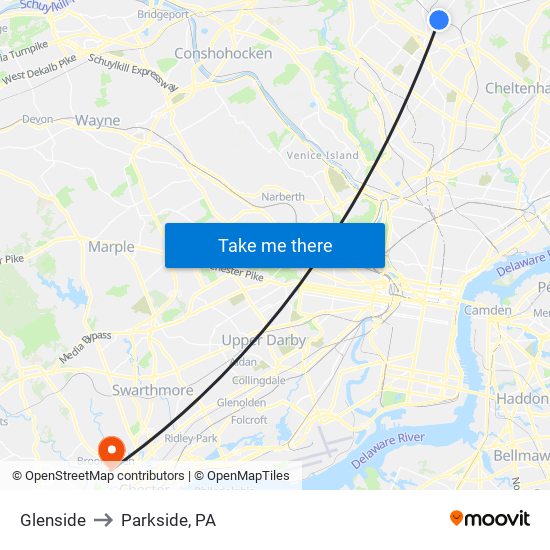 Glenside to Parkside, PA map