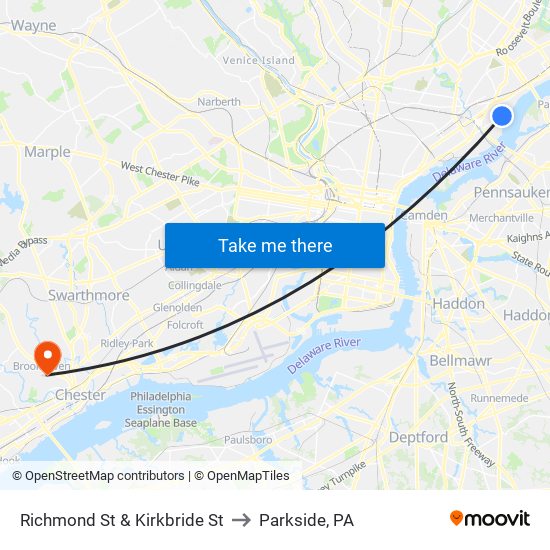 Richmond St & Kirkbride St to Parkside, PA map