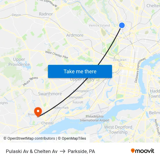 Pulaski Av & Chelten Av to Parkside, PA map