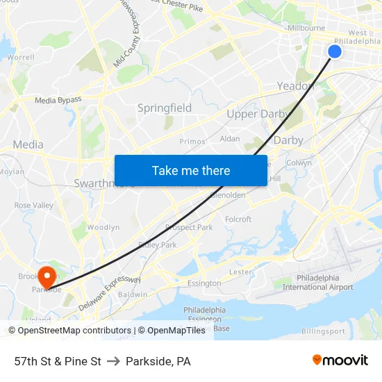 57th St & Pine St to Parkside, PA map