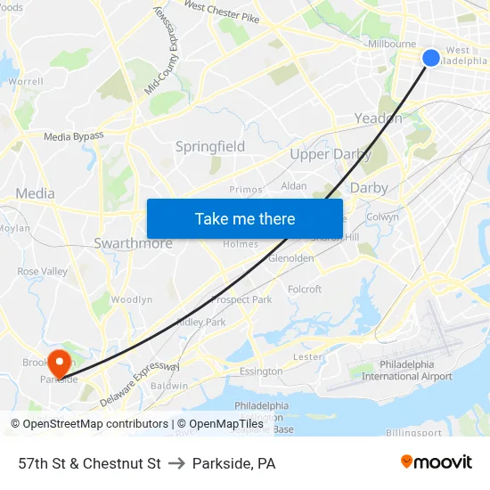 57th St & Chestnut St to Parkside, PA map