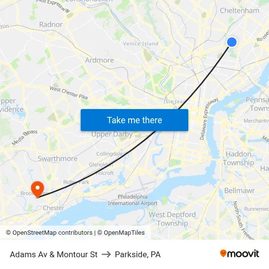 Adams Av & Montour St to Parkside, PA map