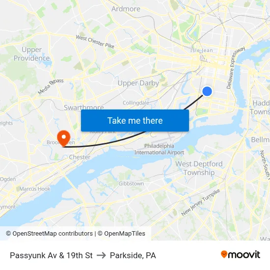Passyunk Av & 19th St to Parkside, PA map