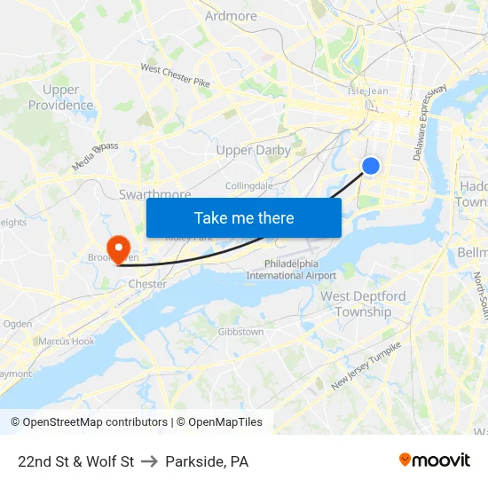 22nd St & Wolf St to Parkside, PA map