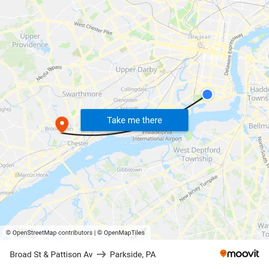 Broad St & Pattison Av to Parkside, PA map