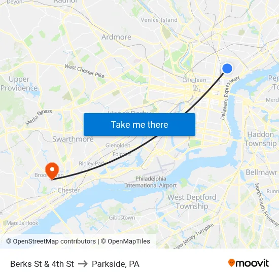Berks St & 4th St to Parkside, PA map