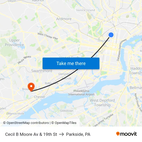Cecil B Moore Av & 19th St to Parkside, PA map
