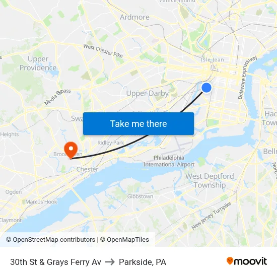 30th St & Grays Ferry Av to Parkside, PA map