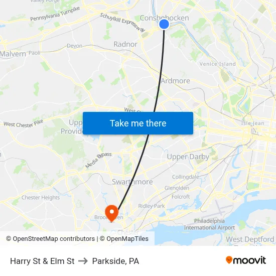 Harry St & Elm St to Parkside, PA map