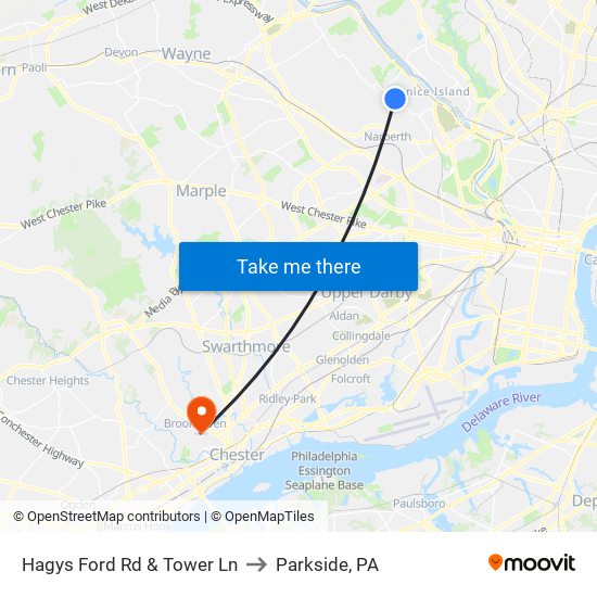 Hagys Ford Rd & Tower Ln to Parkside, PA map