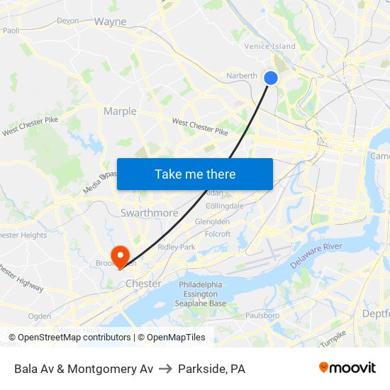 Bala Av & Montgomery Av to Parkside, PA map