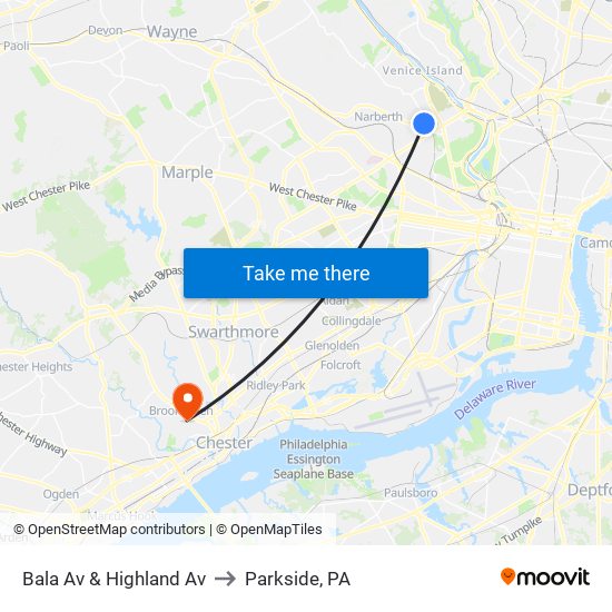 Bala Av & Highland Av to Parkside, PA map