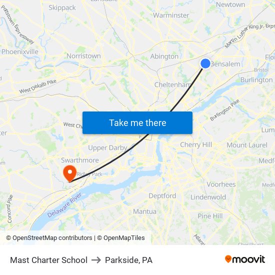 Mast Charter School to Parkside, PA map