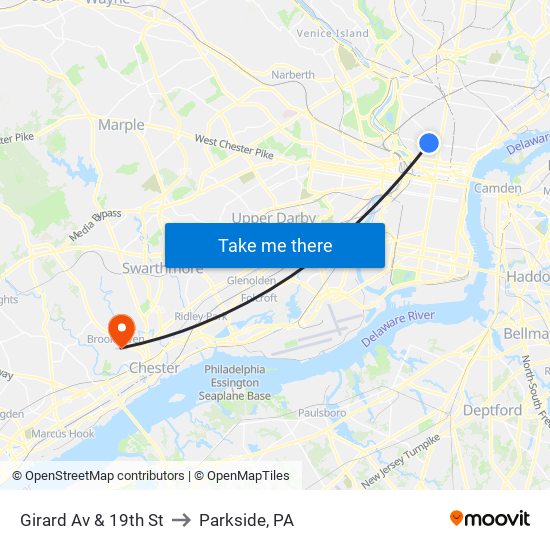 Girard Av & 19th St to Parkside, PA map