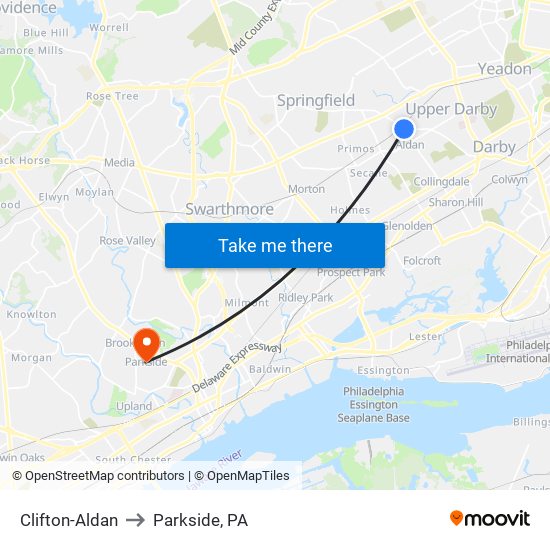 Clifton-Aldan to Parkside, PA map