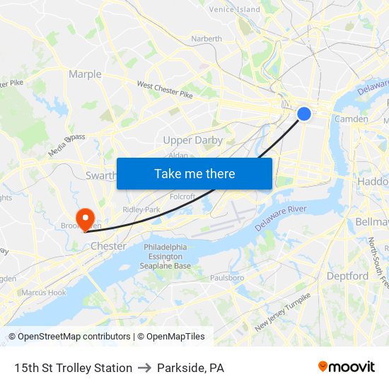 15th St Trolley Station to Parkside, PA map