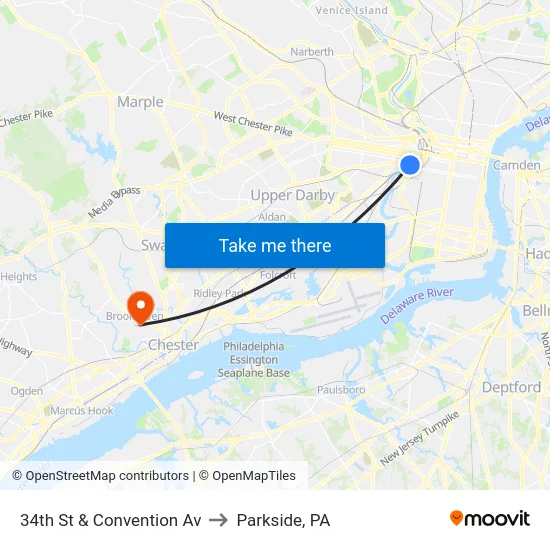34th St & Convention Av to Parkside, PA map