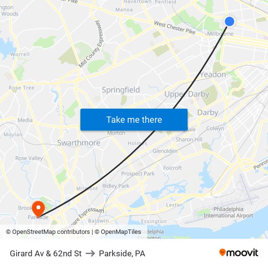 Girard Av & 62nd St to Parkside, PA map