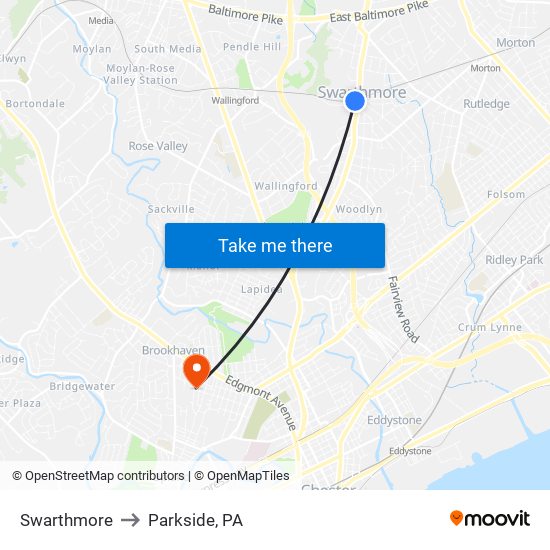 Swarthmore to Parkside, PA map