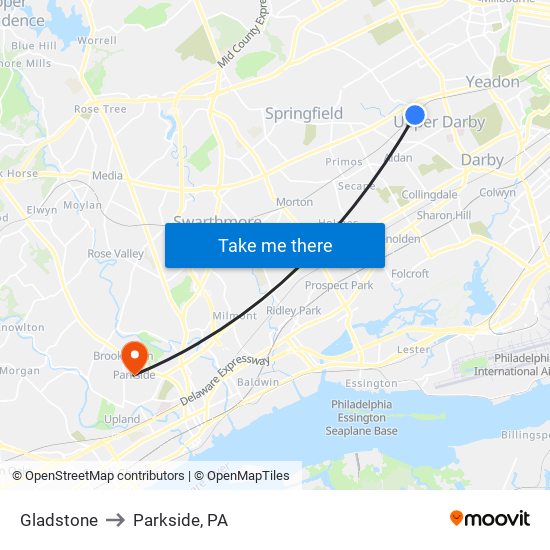 Gladstone to Parkside, PA map