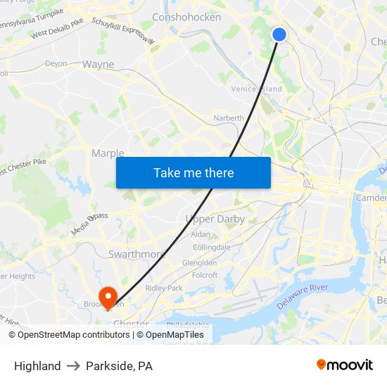 Highland to Parkside, PA map