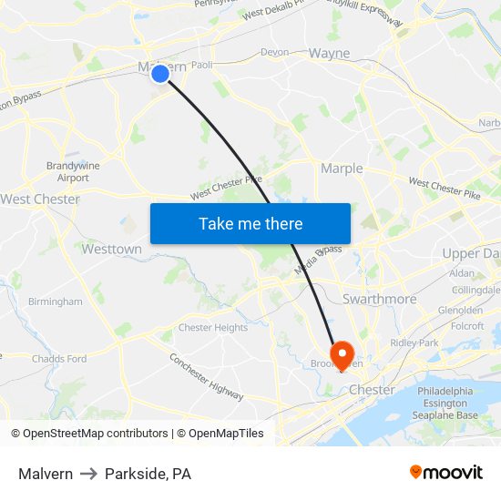 Malvern to Parkside, PA map