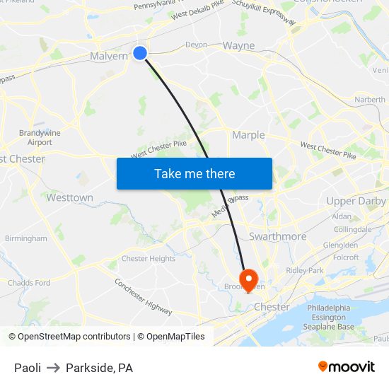 Paoli to Parkside, PA map