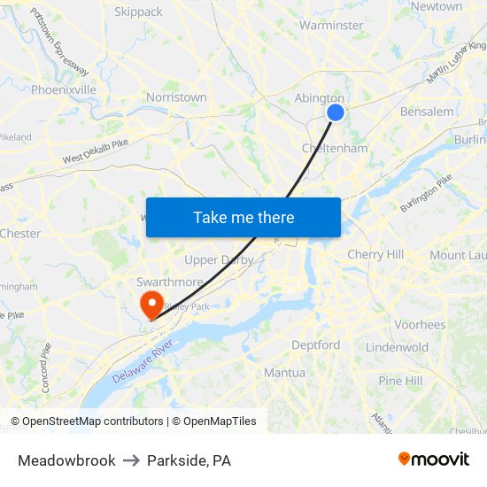 Meadowbrook to Parkside, PA map