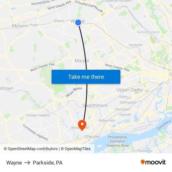 Wayne to Parkside, PA map