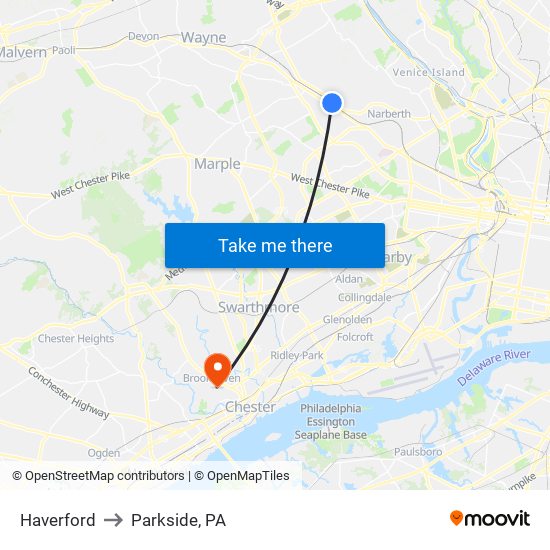 Haverford to Parkside, PA map