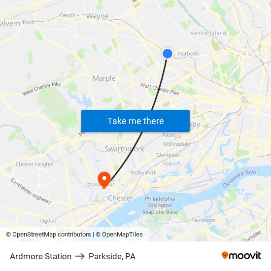 Ardmore Station to Parkside, PA map