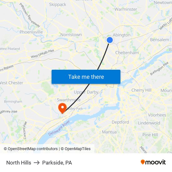 North Hills to Parkside, PA map