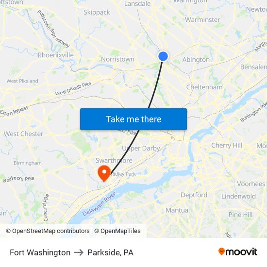 Fort Washington to Parkside, PA map