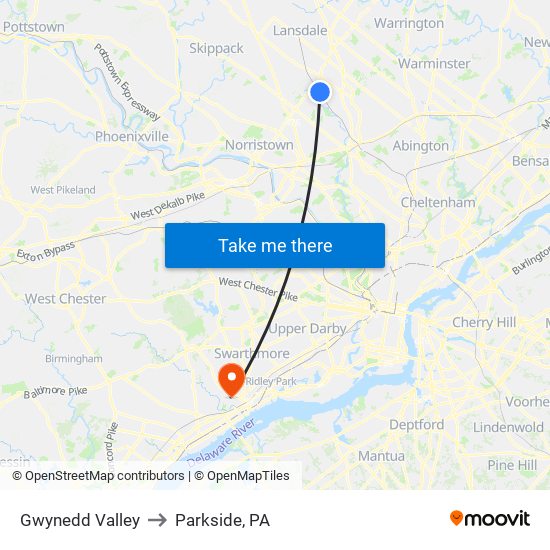 Gwynedd Valley to Parkside, PA map