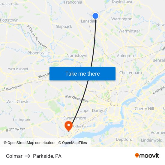 Colmar to Parkside, PA map