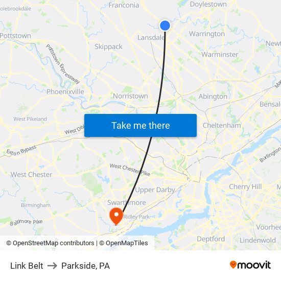 Link Belt to Parkside, PA map