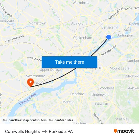 Cornwells Heights to Parkside, PA map