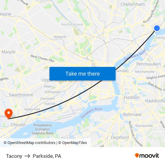 Tacony to Parkside, PA map