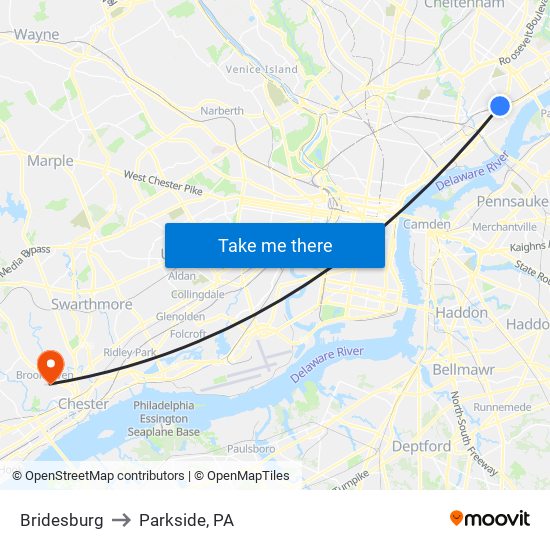 Bridesburg to Parkside, PA map