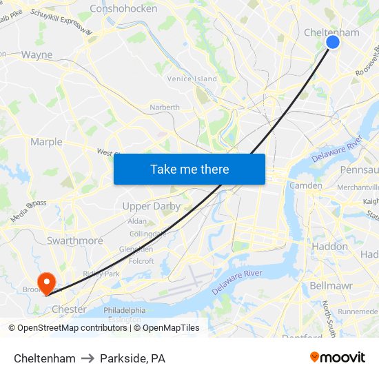 Cheltenham to Parkside, PA map