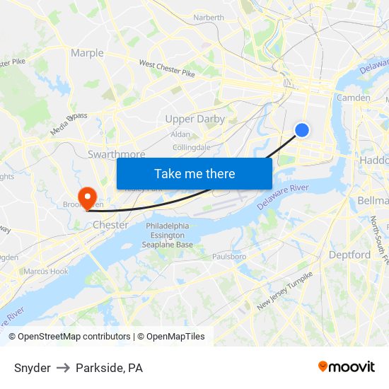 Snyder to Parkside, PA map