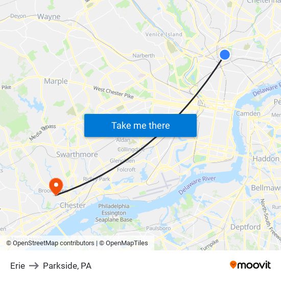Erie to Parkside, PA map