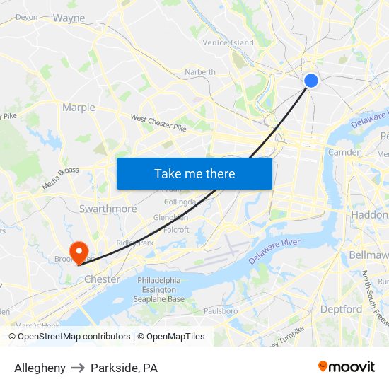 Allegheny to Parkside, PA map