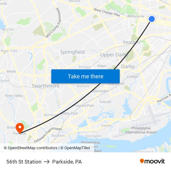 56th St Station to Parkside, PA map