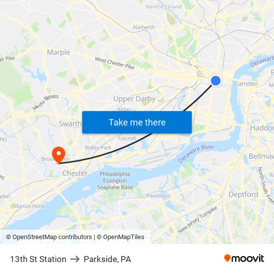 13th St Station to Parkside, PA map