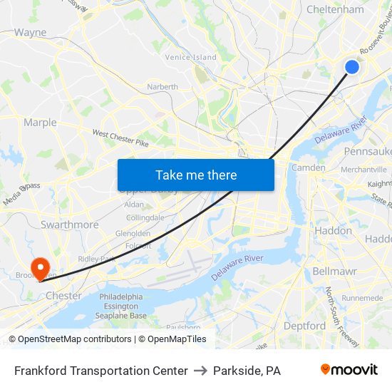Frankford Transportation Center to Parkside, PA map