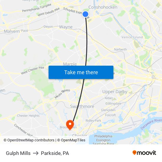 Gulph Mills to Parkside, PA map