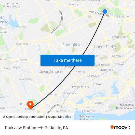 Parkview Station to Parkside, PA map