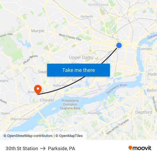 30th St Station to Parkside, PA map