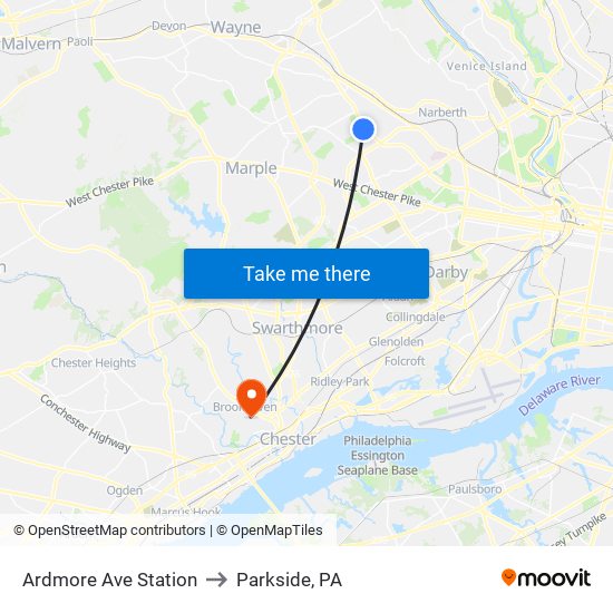 Ardmore Ave Station to Parkside, PA map